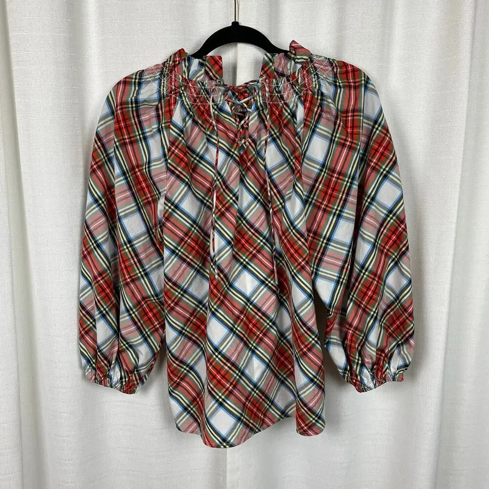 J.Crew Tartan Plaid Smocked Neck Popover Blouse Sz.XS